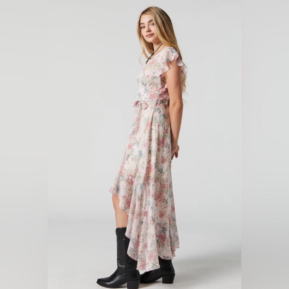 White Floral Print Self Tie High-Low Midi Dress. - Picture 3 of 3